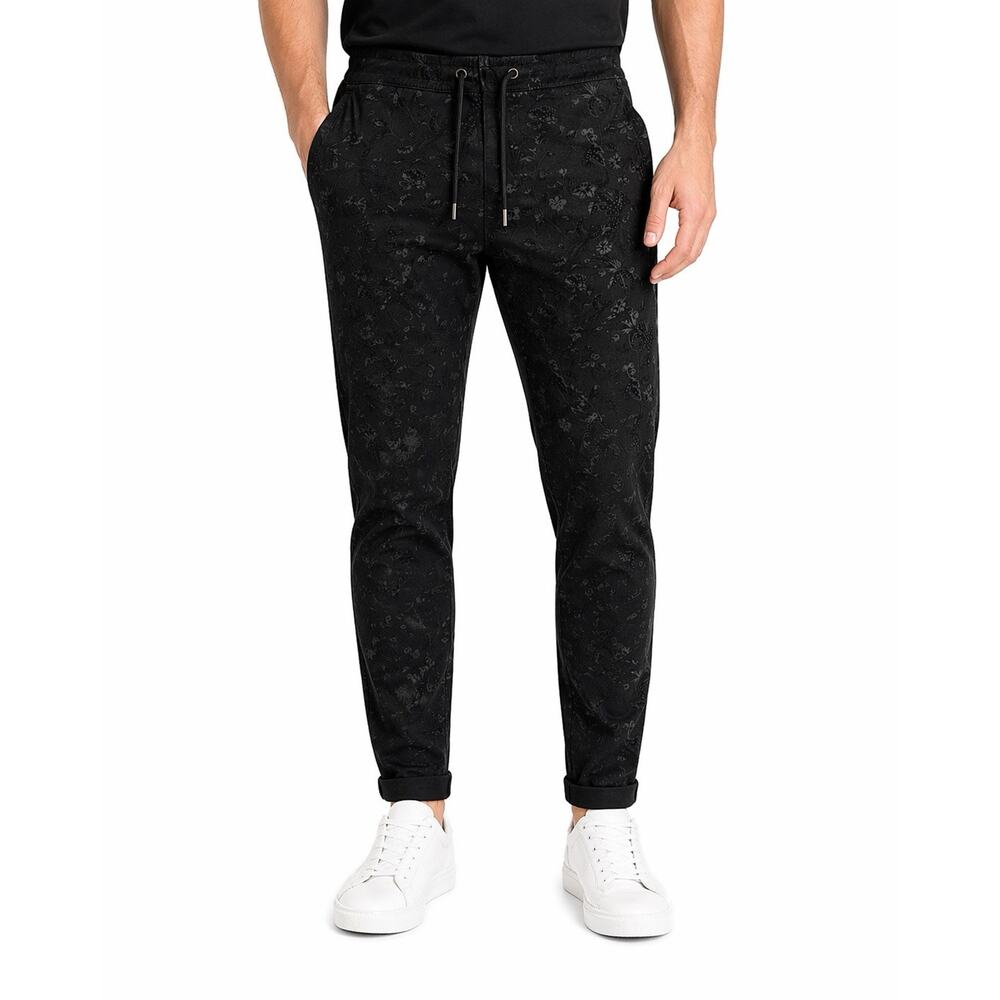 PAIGE Normandie Drawstring Pants Mens 30 Black Floral Print Jogger Stretch